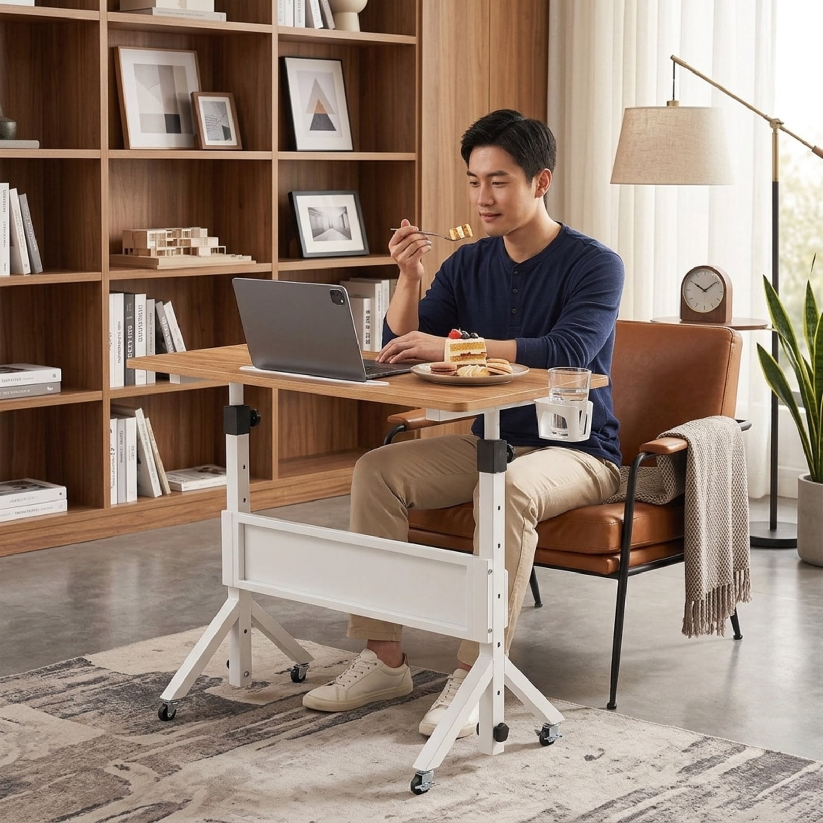 Furnibear Mobile Standing Desk and Height Adjustable Rolling Laptop Desk with Cup Holder Storage Basket and Lockable Wheels for Home Office, Natural