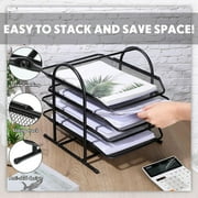 KABB Paper Organizers for Desk Mesh Letter File Tray Organizer with 4 Sliding Trays Black Stackable Desktop Document Storage Shelf Rack for Office Home Classroom Documents Paper (Flat)