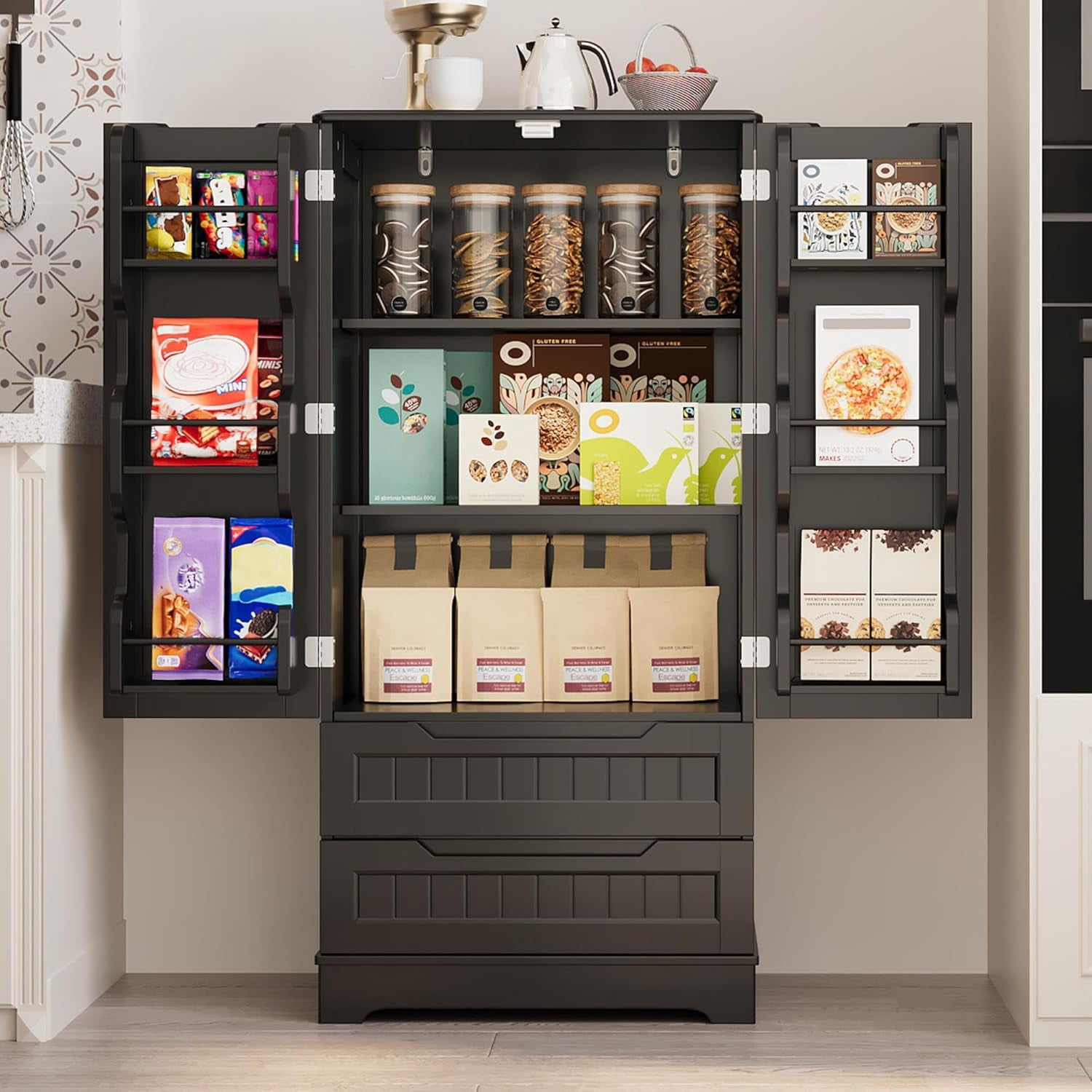 63'' Large Kitchen Pantry Cabinet with Drawers, Noelse Pantry Storage Cabinets with 2 Doors and 3 Shelves for Kitchen Dining Room and Living Room, Black