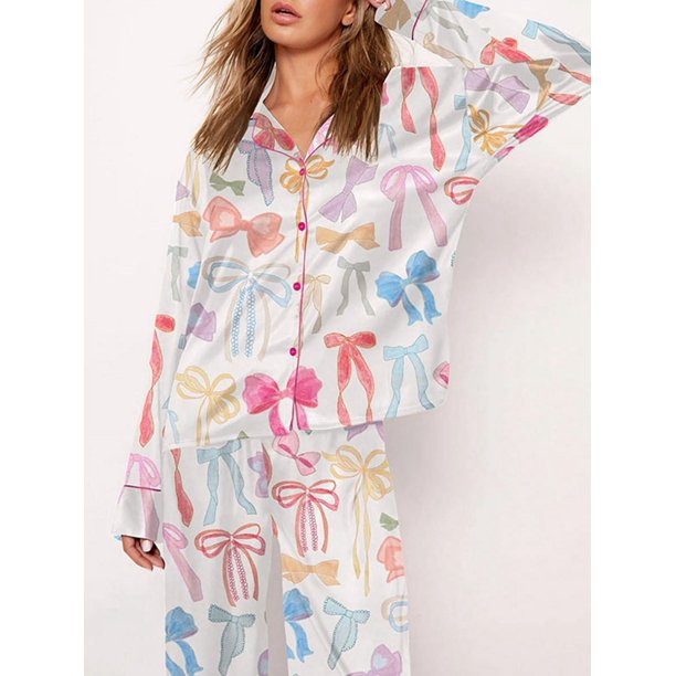 Women Bow Printing 2 Piece Y2k Satin Silk Lounge Outfits Pajamas Set Long Sleeve Button Down Shirt Pants Set Valentine's Day