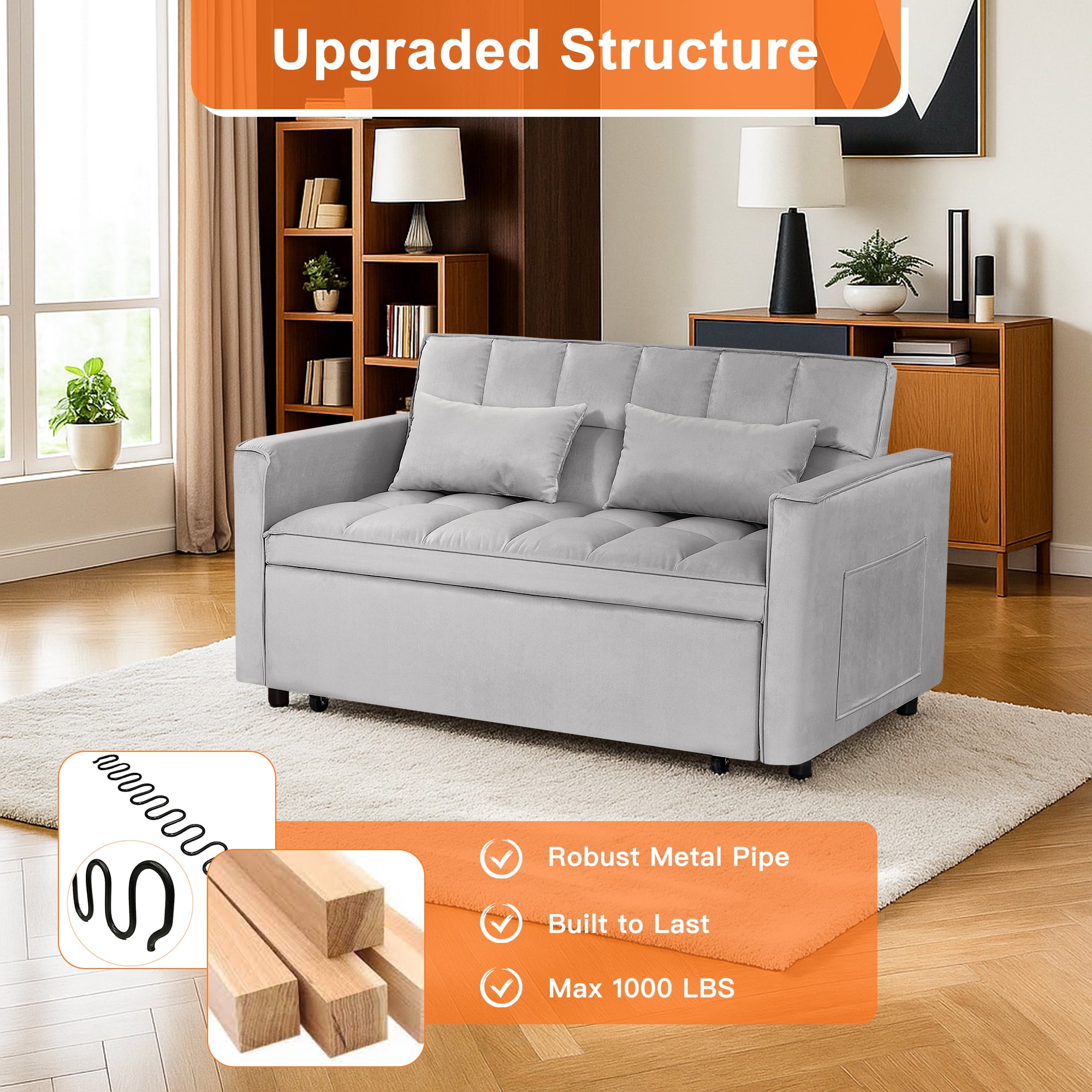 Demi Bonn 3 in 1 Convertible Sleeper Sofa Bed with Side Pocket, Adjustable Backrest Velvet Futon Couches for Living Room, Pull Out Couch, Loveseat, Gray