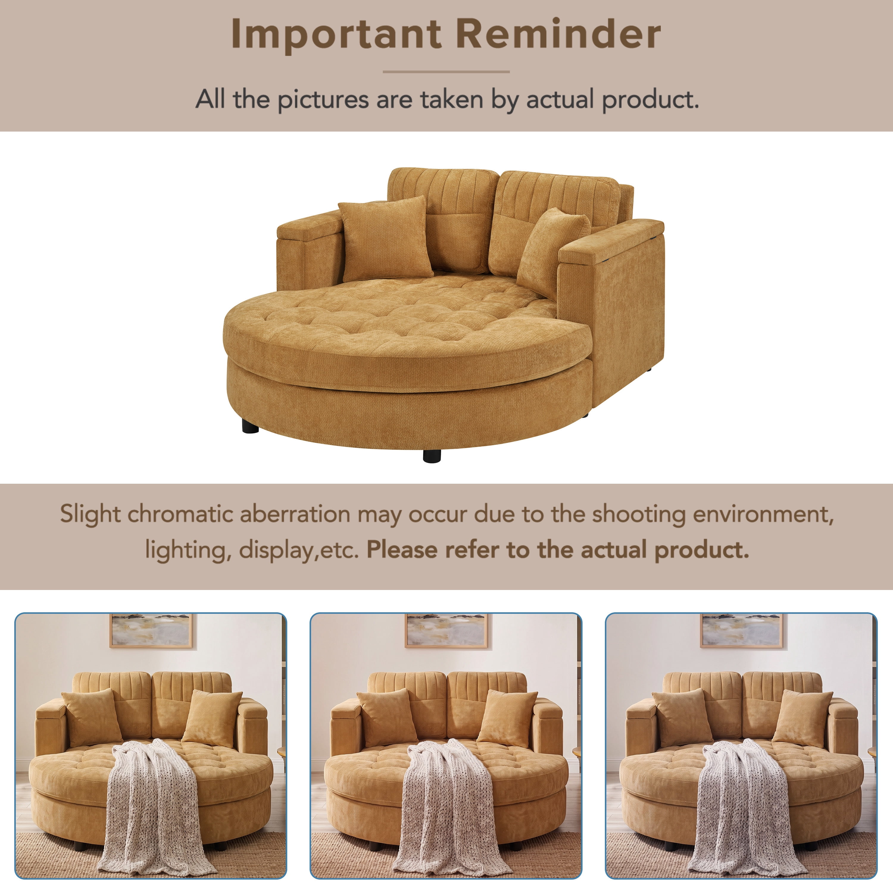 Euroco 66.9" Oversized Chaise Lounge Chair Indoor,Cloud Plush Chenille Floor Sofa Bed with Deep Seat,Storage Arms & Removable Pillows,Modern Upholstered Sofa Couch for Living Room,Yellow