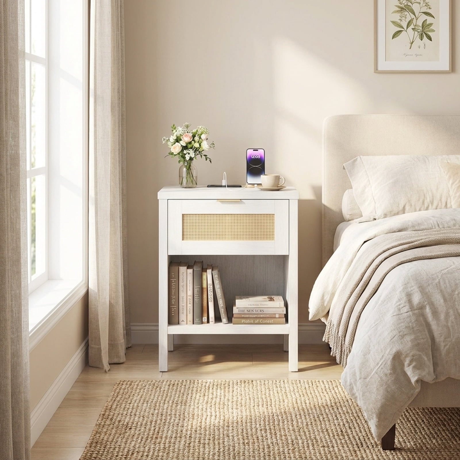 Furnibear Rattan Nightstand with Charging Station and Storage Shelf for Bedroom for Bedroom Living Room Bedside Sofa Side Small Space, White