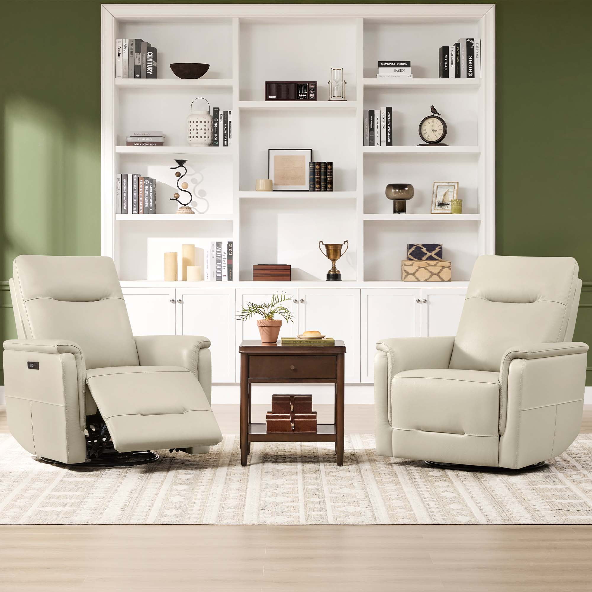 Spruce & Spring Genuine Leather Dual Motor Swivel Glider Recliner Chair, Light Grey