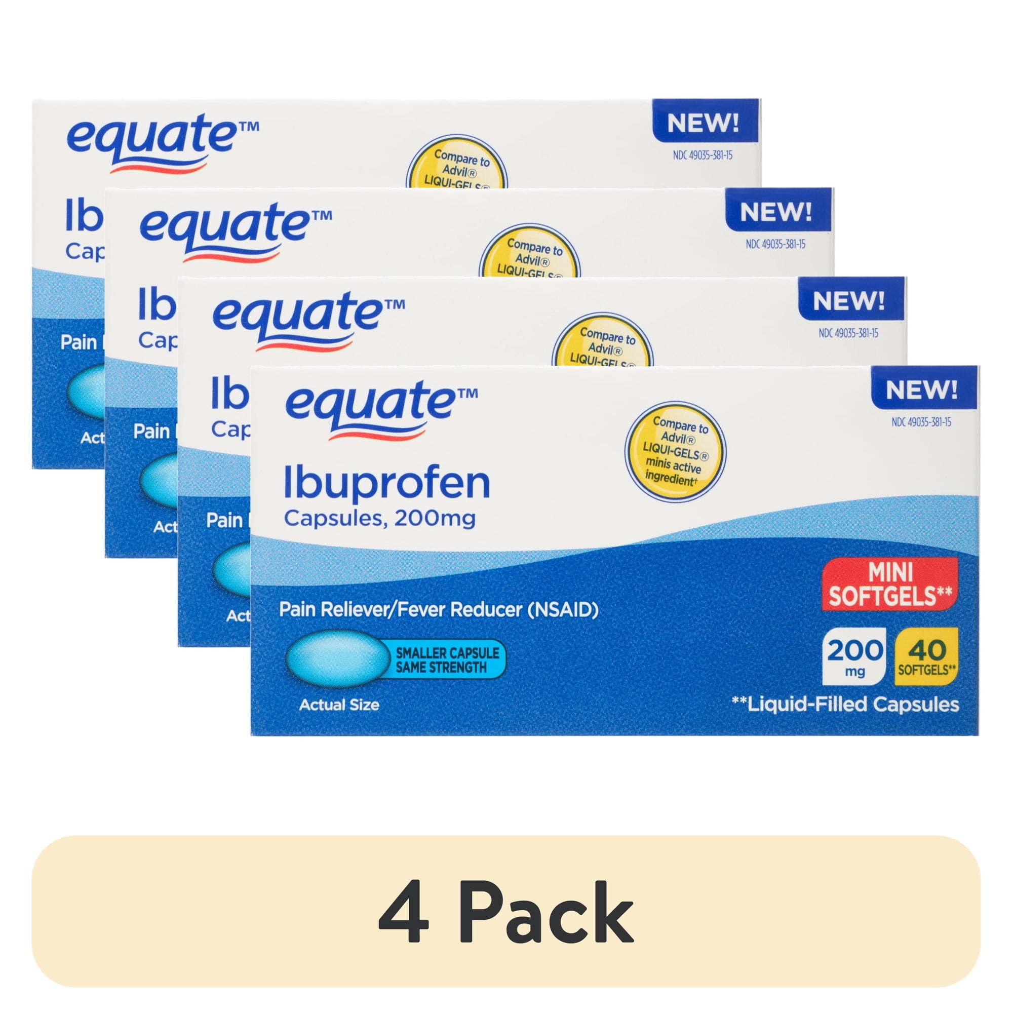(4 pack) Equate Ibuprofen Mini Liquid Filled Softgel Capsules, 200 mg, Pain Relief & Fever Reducer, 40 Count, Compare to Advil® LIQUI-GELS Minis Active Ingredient