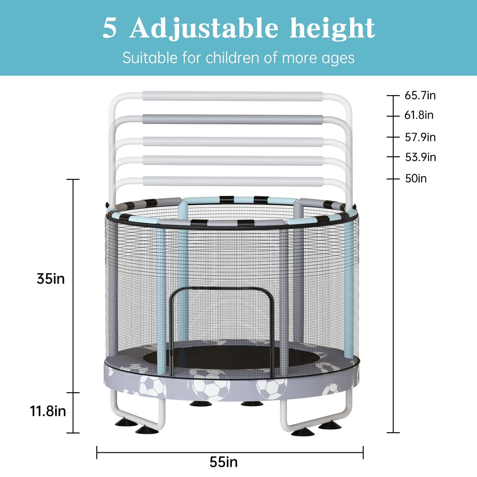 Baxluxe 55" 7-in-1 Upgraded Kids Trampoline, Reinforced Safe Design with Adjustable Height & Net, 500lbs Capacity Indoor and Outdoor Mini Trampoline for Boys & Girls Ages 3-8, Gray Soccer