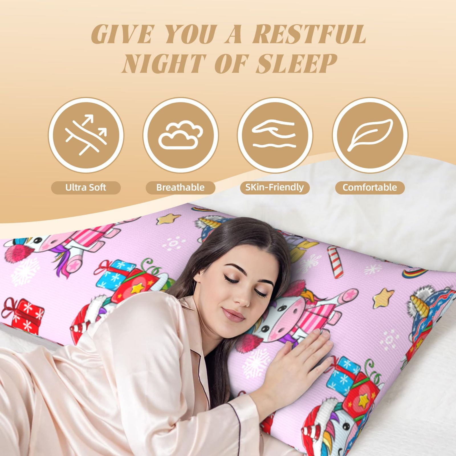 Naloa Christmas Unicorns Super Soft 20x60 Body Pillow Case,Long Side Hidden Zipper（PILLOWS ARE NOT INCLUDED）