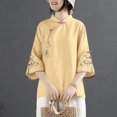 thumbnail image 4 of Hvot&aat Women's Ethnic Style Vintage Embroidery Tops Cotton Linen Chinese Frog Button Shirt Loose Stand Collar 3/4 Sleeve Blouse, 4 of 5
