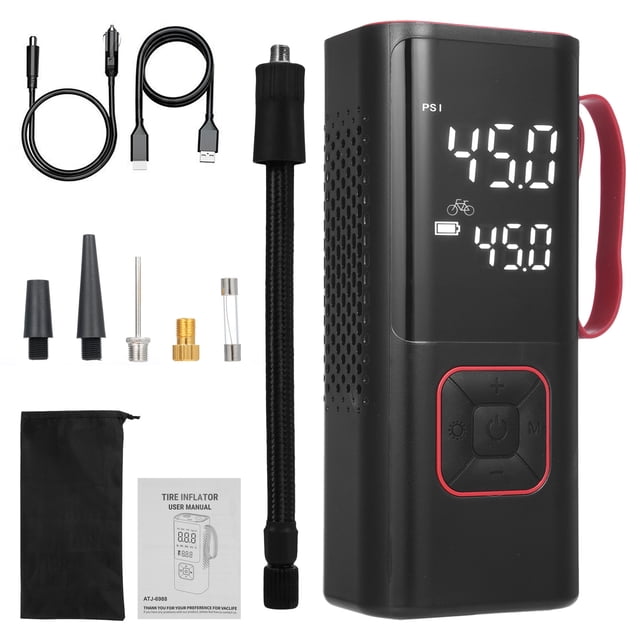 Mistaha Portable SUV Car Tire Inflator Pump with Wireless Charging Function and Emergency Power Bank - Real-Time Pressure Monitoring - Rechargeable and Multi-Purpose - 150PSI - Black