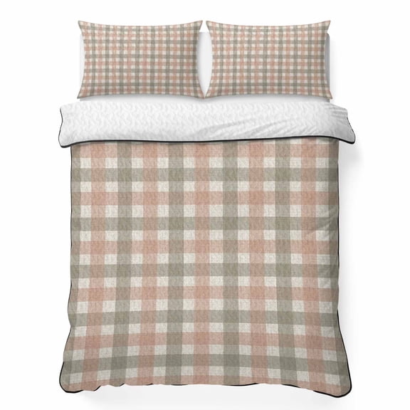 Quilts King Size Bedding Set, Farmhouse Plaid Lightweight Quilted Comforter, Pink Green Checkered Country Stripes Soft Reversible Bedspread Coverlet with Pillow Covers for All Season, 96" x 106"
