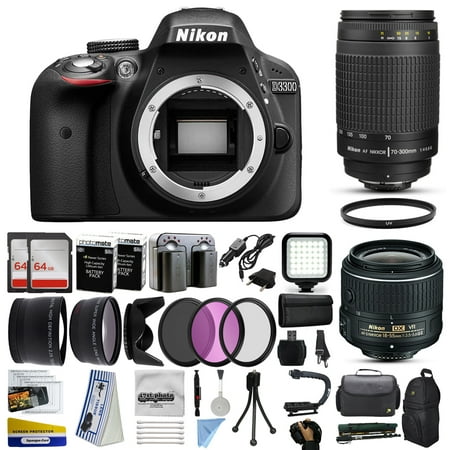 Nikon D3300 DSLR Digital Camera with 18-55mm VR II + 70-300mm f/4-5.6G Lens + 128GB Memory + 2 Batteries + Charger + LED Video Light + Backpack + Case + Filters + Auxiliary Lenses + More!