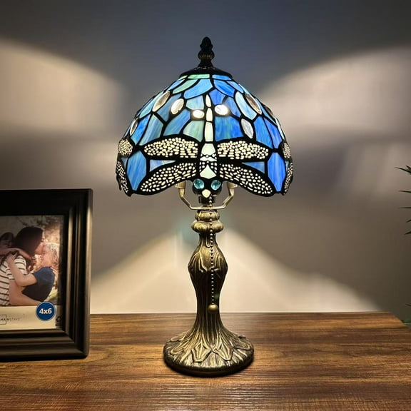 Tiffany Mini Table Lamp Dragonfly Blue Stained Glass LED Bulb Included for Living Room Dining Room Bedroom Bedside Office Hotel 15"H*8"W