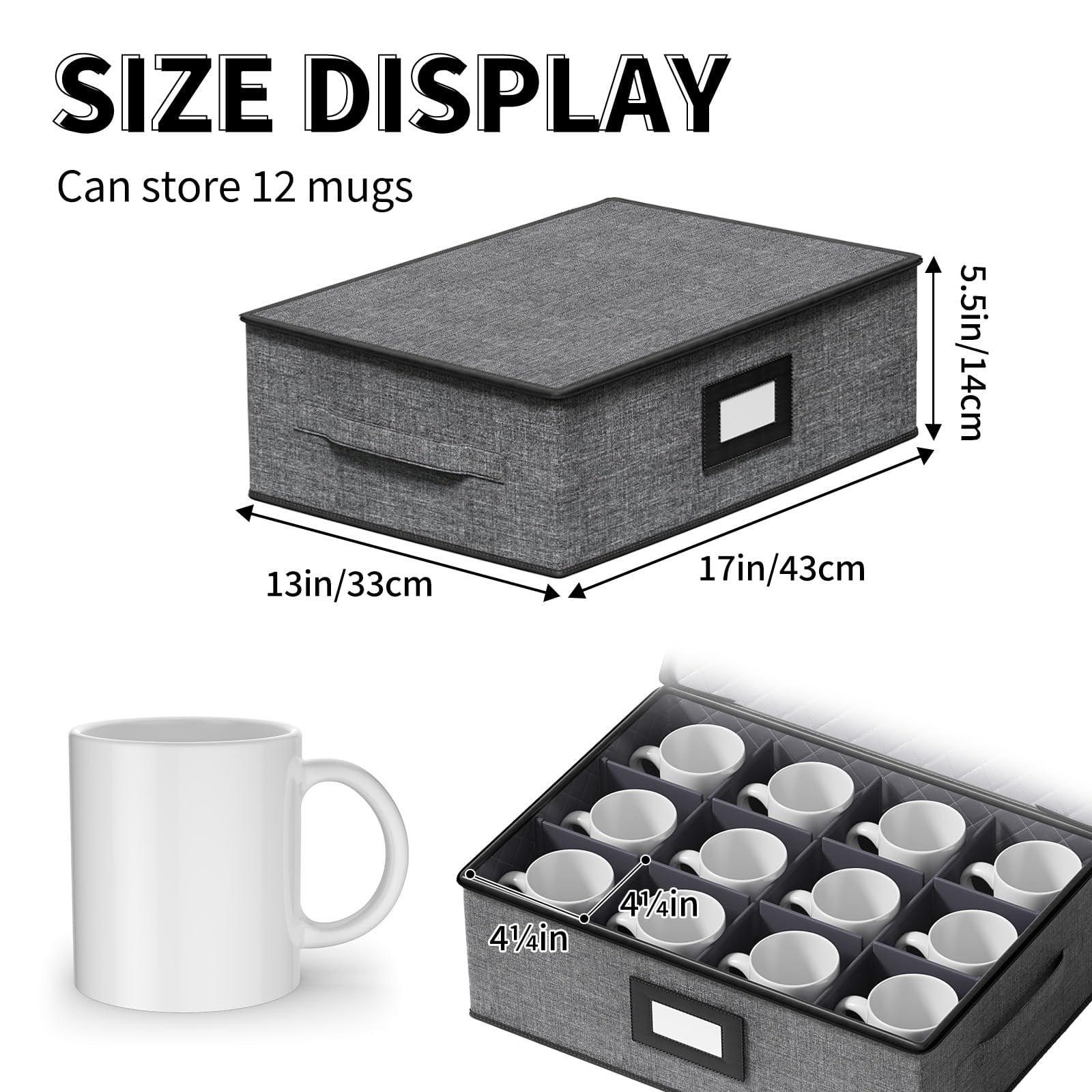 Aokeyee 2 Pack Cup and Mug Storage Box Hard Shell Holds 24 Coffee Mugs Glasses Stackable Organizers with Lid Handles Zippers Label for Moving Gray