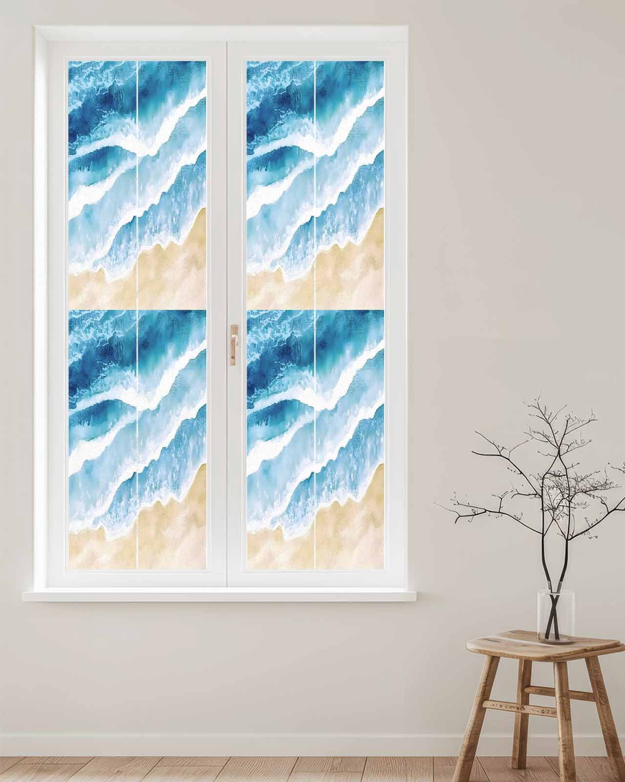 Window Privacy Film Blue Waves Coastal Stained Glass Window Film Decorative Sun Block Window Cover Summer Beach Nautical Ocean Window Clings Static Adhesive Sticker for Bathroom 23.6"x78.7"