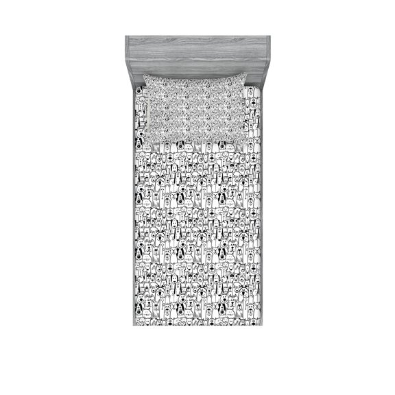 Ambesonne Dogs Fitted Sheet & Pillow Sham Set, Monochrome Doodle Art Animals, Twin, Charcoal Grey and White