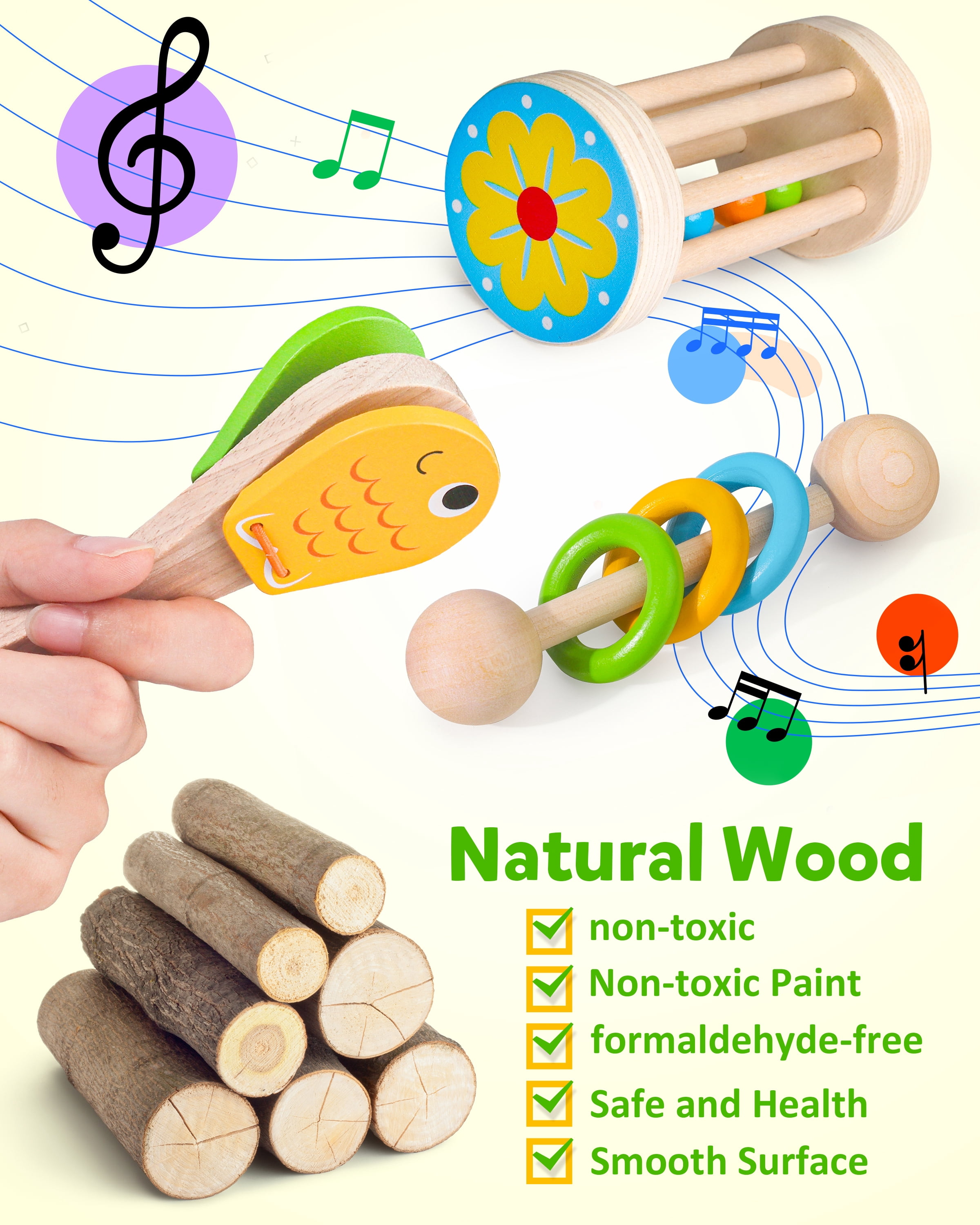 Coogam Wooden Musical Instruments for Toddlers, Tambourine Xylophone Castanet Flute Maracas Playset, Wood Percussion Rhythm Music Toy, Montessori Educational Learning for 1 Years Old
