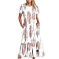 thumbnail image 2 of Jusqu'à 65 % de Rabais! Robes d'Été Mode pour Femmes 2024 Grande Taille Décontractées à Manches Courtes Col Ras du Cou Robe Décontractée Fluide à Étages Maxi Robe de Plage avec Poches Robe à Imprimé Plume, 2 of 6