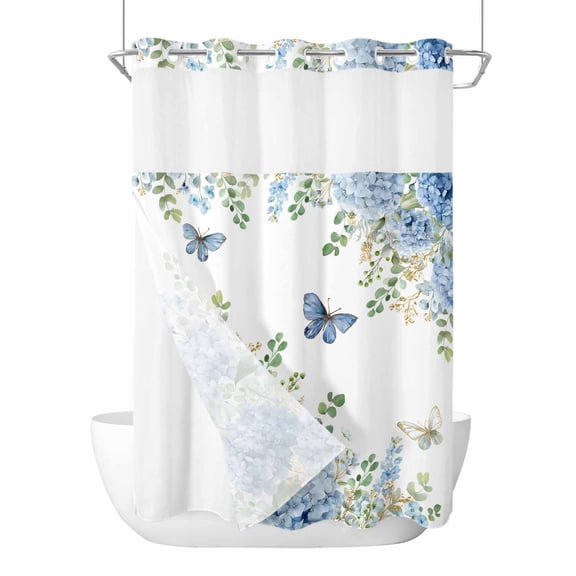 No Hook Shower Curtain, Blue Floral Long Bathtub Curtains with Snap in Liner, Spring Hydrangeas Flower Leaves Butterfly Green Waterproof Washable Fabric Shower Curtain Set, 72" x 84"