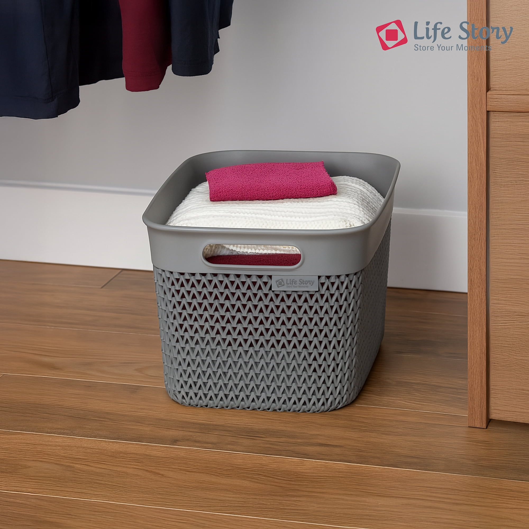 Life Story 16 Quart Decorative Storage Basket, Large Plastic Home Organizer, Gray