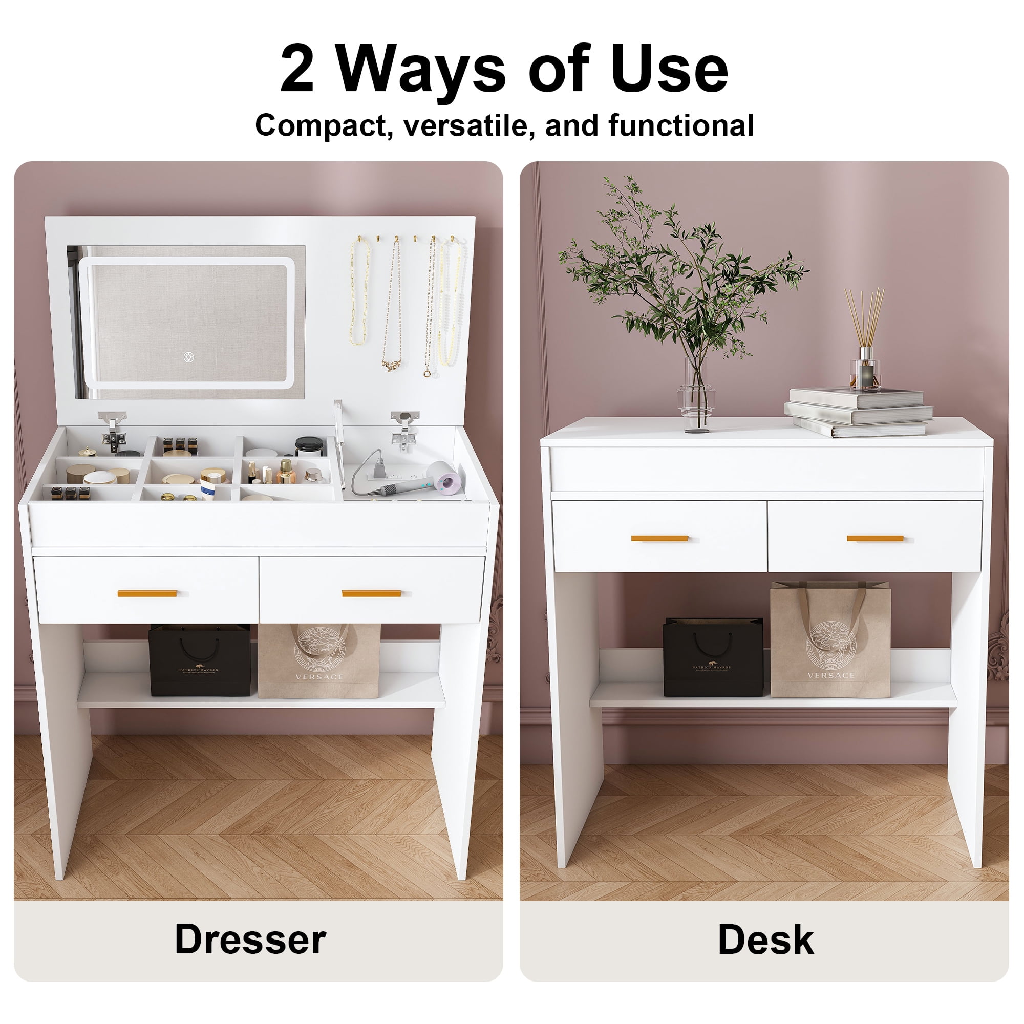 Montary Flip Top Vanity Desk White with LED Mirror, Built-in Outlet, 2 Drawers, Storage & Hooks (No Stool Included, White)