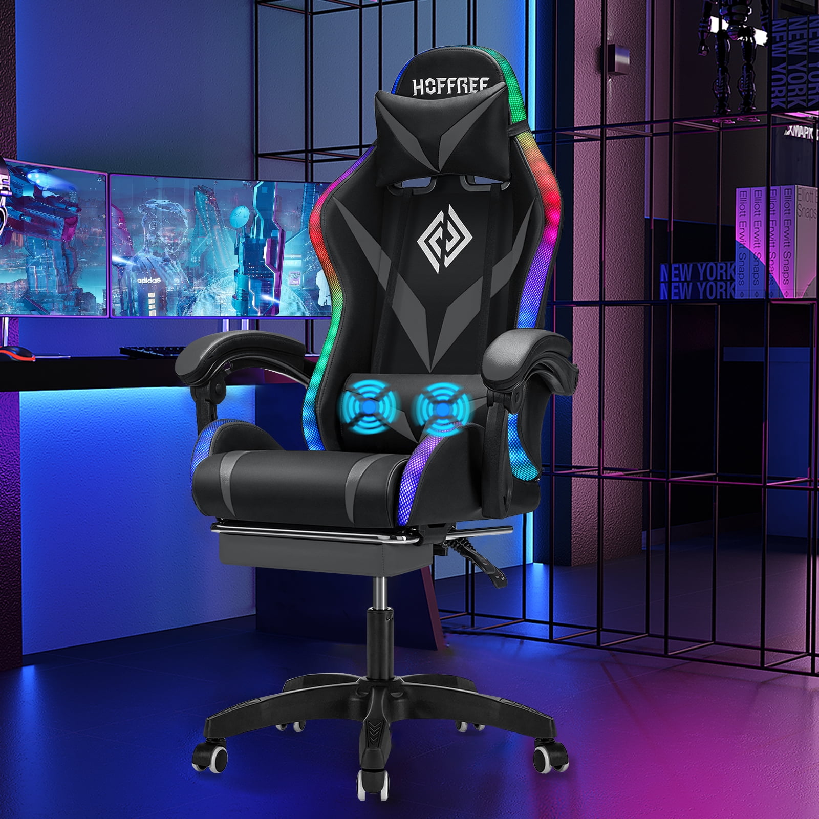 HOFFREE Gaming Chair with Massage and LED RGB Lights Ergonomic Computer Chair with Footrest High Back Video Game Chair with Adjustable Lumbar Support Linkage Armrest for Home Office