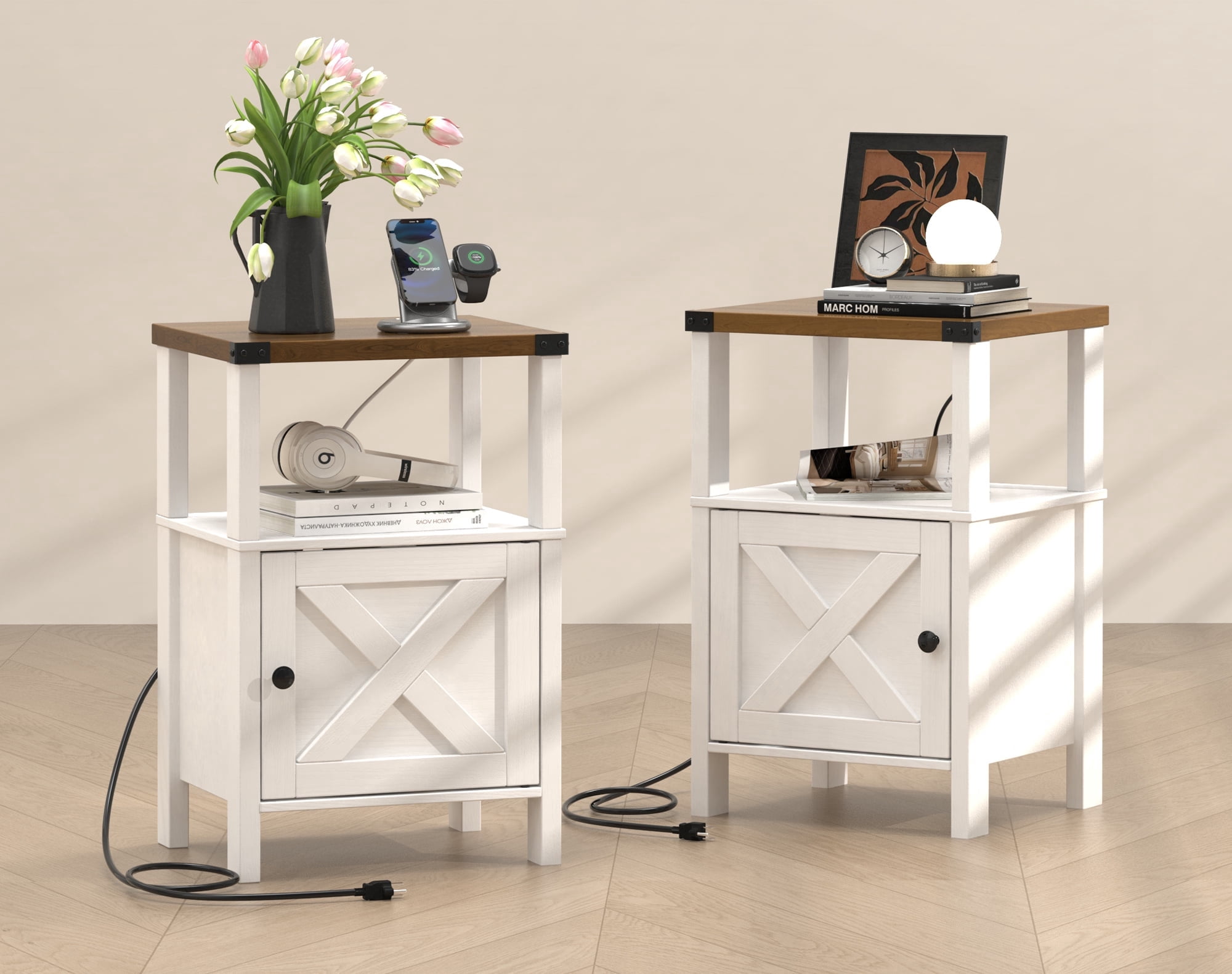 EVOKEDEN 2PCS Farmhouse Nightstands w/ Charging Station & Storage, Wood Side Table w/ Barn Door for Bedroom Living Room, White