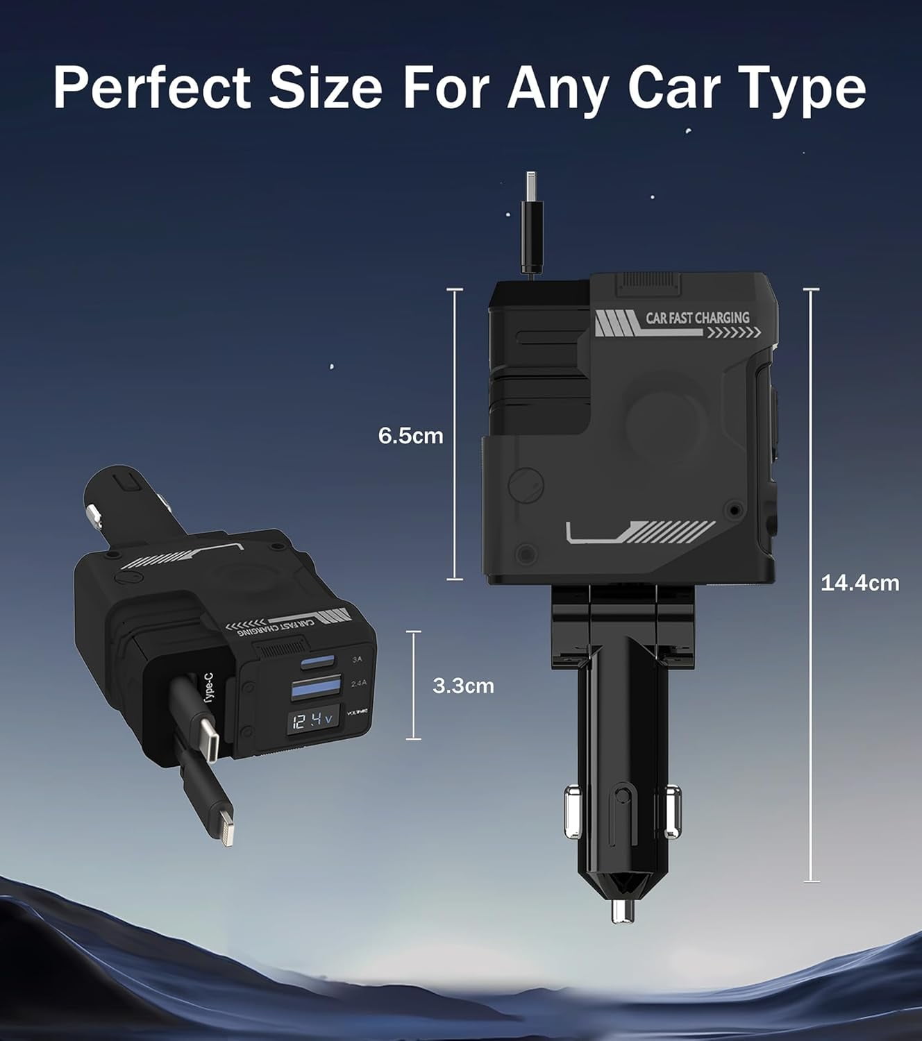 Retractable Car Charger, 4 in 1 Retractable Phone Charger with 66W Fast Charging, 2 Retractable Cables and 2 USB-C USB-A Port Compatible with iPhone 16/15/14/13/12/11,Samsung, Galaxy,Pixel (Black)