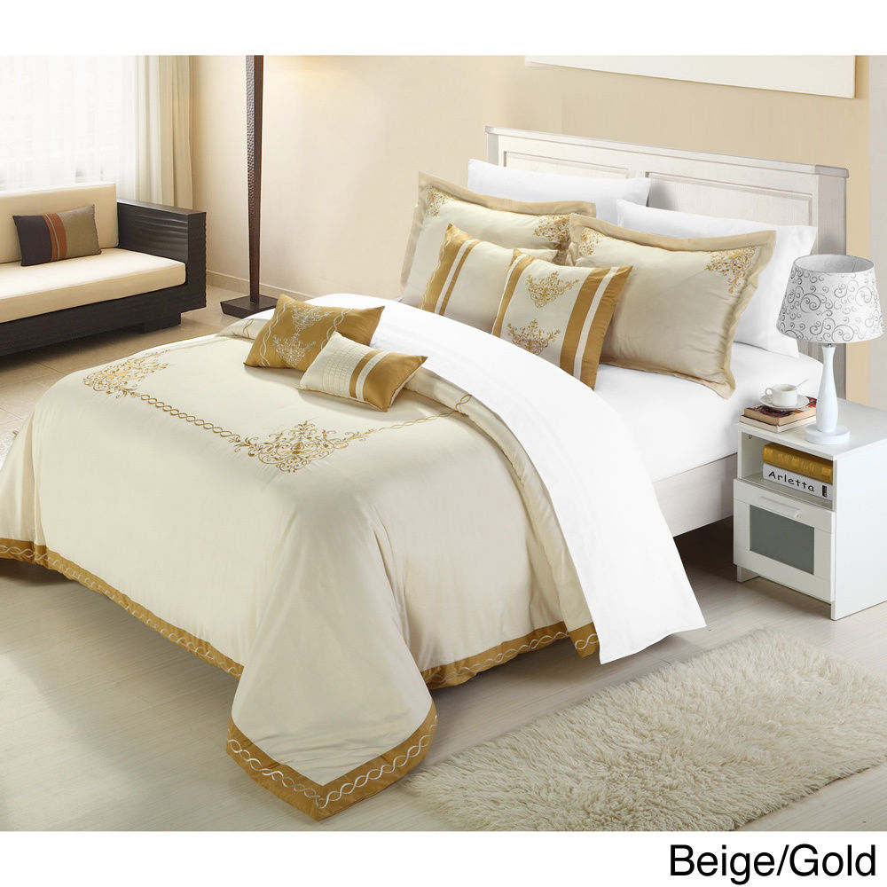 HIG 7 Piece Chocolate and Gold Taffeta Fabric Embroideried Bedding Set,  King 