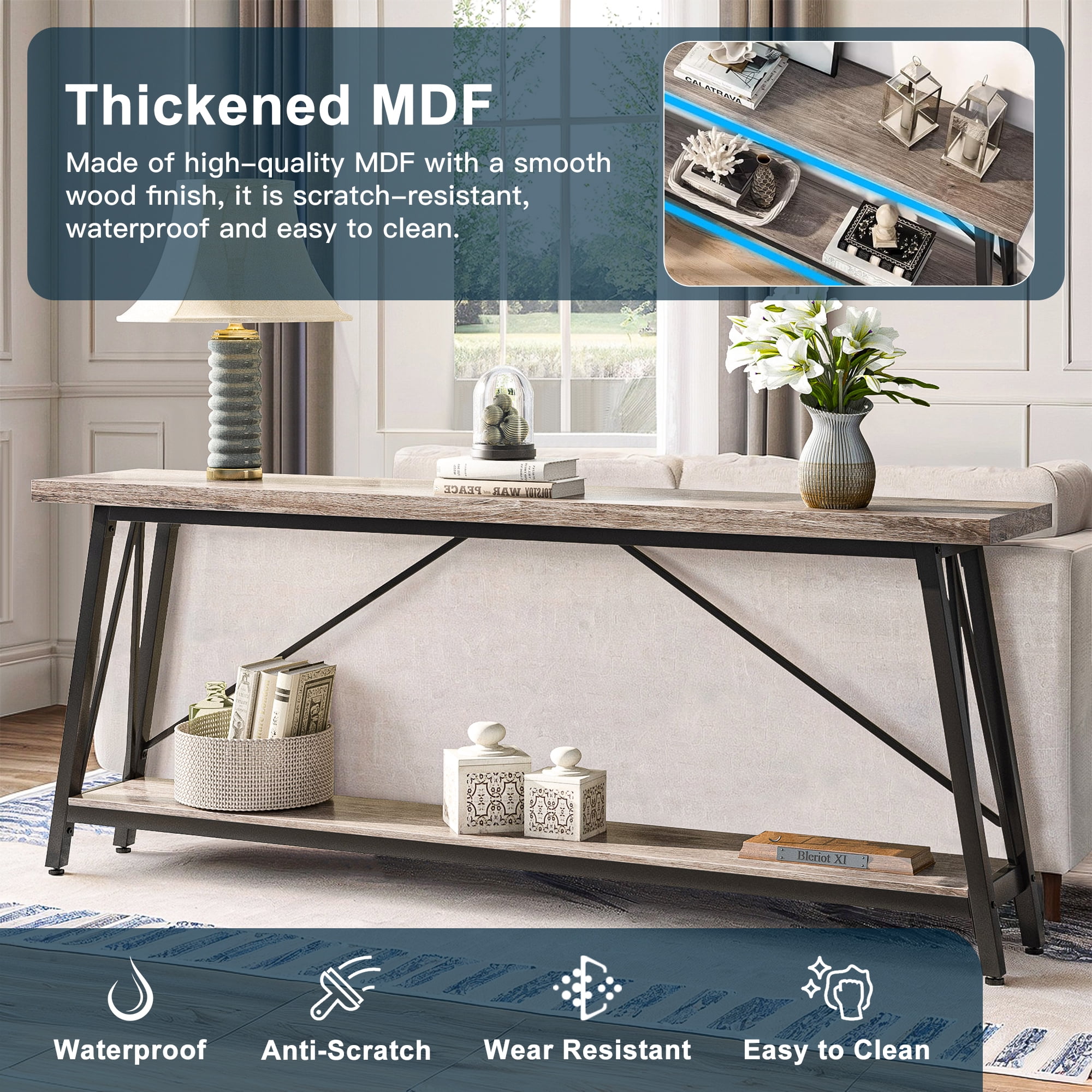 Demi Bonn 70.9" Console Table, Rustic Vintage Narrow Sofa Table for Entryway, Living Room, Hallway, Gray & Black