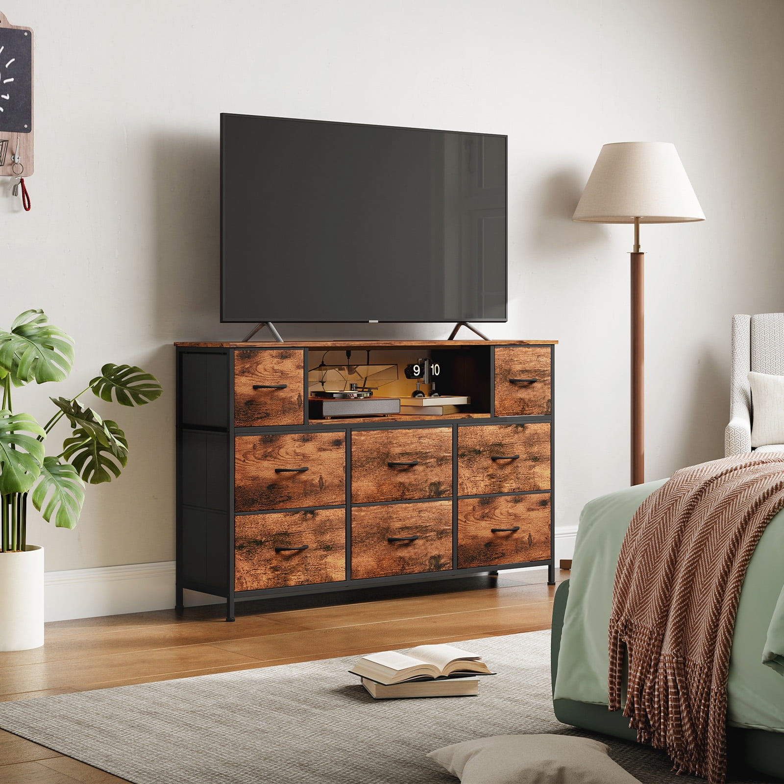 Eunos Tv Stands for 65" Tv with 8 Drawers, LED & Power Outlets for Bedroom, Living Room, Wood Grain Print