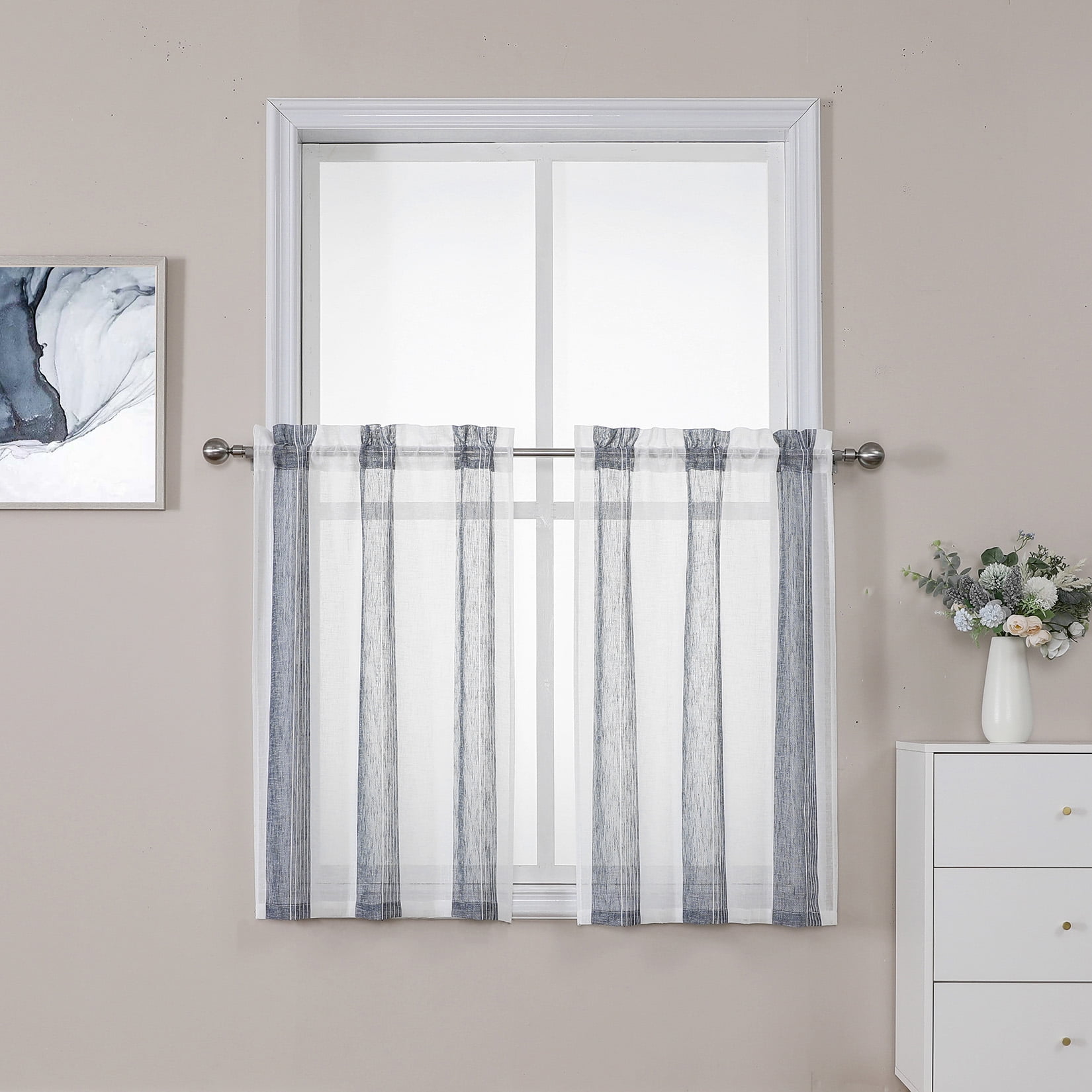 Haperlare Kitchen Curtain 24 inch Long Yarn Dyed Stripe Cafe Curtain