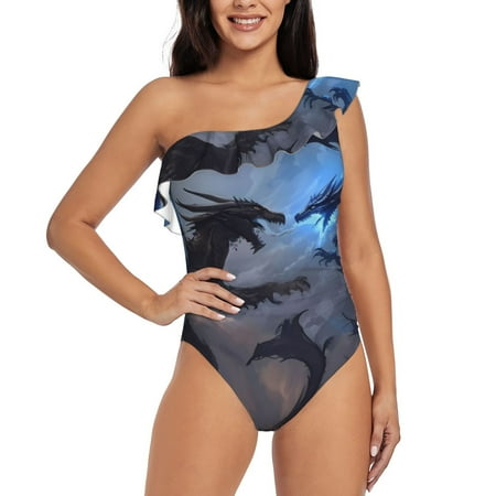 Tebeau Black And Blue Lightning Dragon Print Women s One Piece Swimsuits One Shoulder Swimwear Asymmetric Ruffle Monokinis Bathing Suits-Large