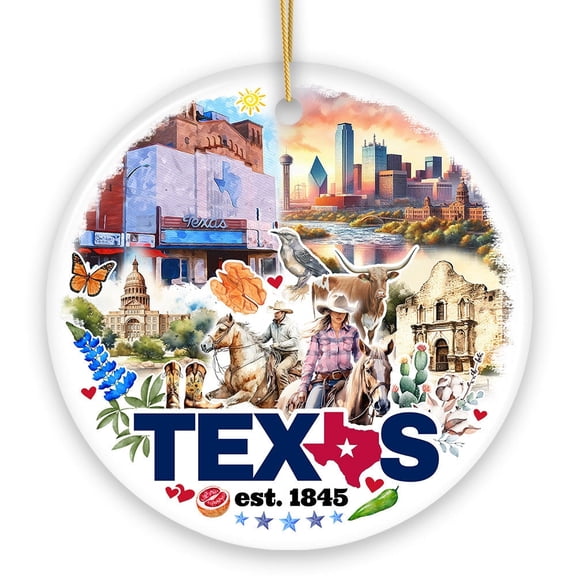 Artistic Watercolor Texas Cultures and Landmarks Ceramic Ornament, Travel Gift and Christmas Tree Decor