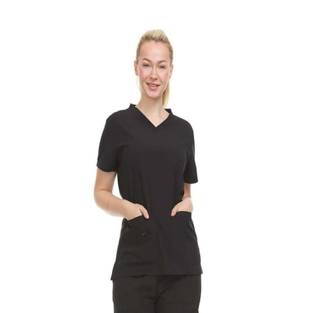 

Heal + Wear Women Scrubs Top V-Neck Short Sleeve Female Medical with Pockets Regular Fit 4 Way Stretch Black L