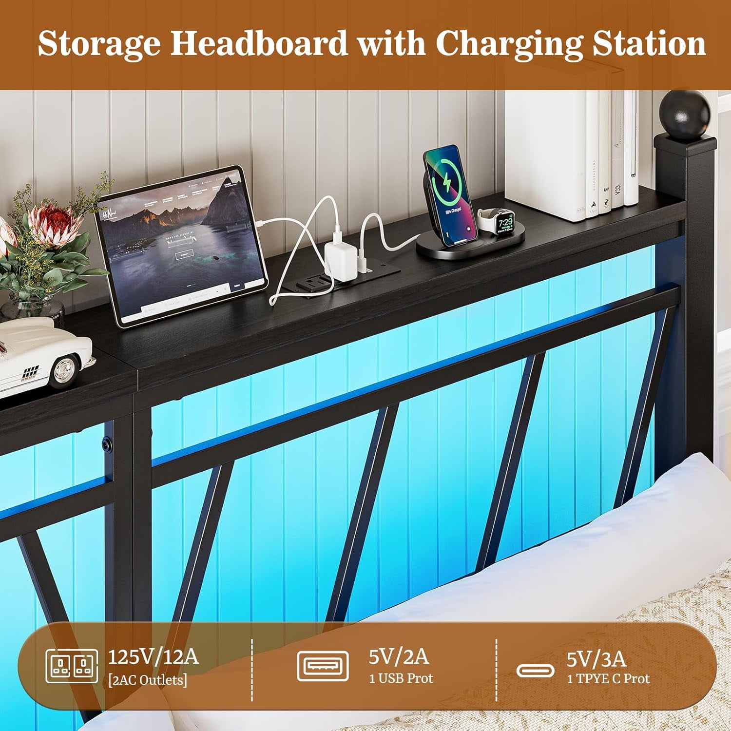 ARICOEASY Metal King Size Storage Headboard with LED Lights, Modern King Head Board with Outlets, USB & Type C Port, Farmhouse Vintage Style, Easy Assembly, Black