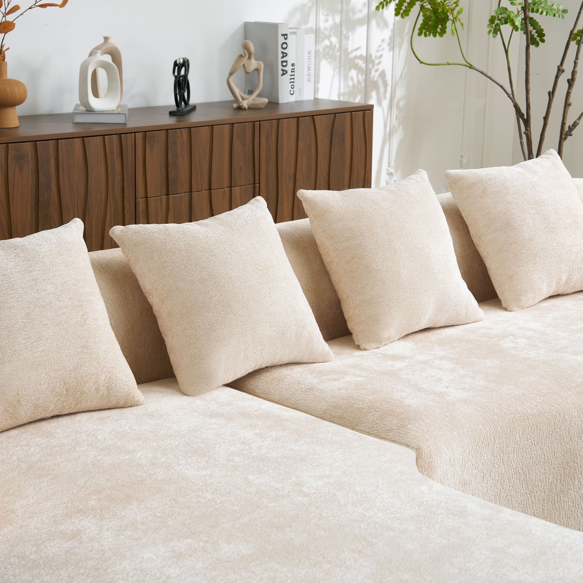 MAYEERTY L-Shaped Sectional Sofa with Curved Chaise Lounge, Chenille Modular Couch with 4 Throw Pillows, No-Assembly for Apartment Living Room Small Spaces