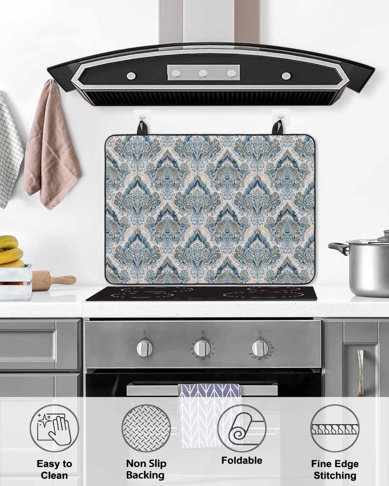 nqOlkjepod Large Induction Cooktop Protector Mat 36"x21", Boho Floral Stove Top Covers for Electric Stove, Retro Teal Blue Flower Vintage Decorative Stove Burner Cover Mats, Glass Top Stove Cover