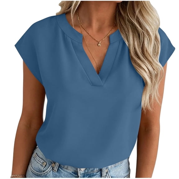 hlysgo Women's Cap Sleeve Tops V Neck Dressy Casual Blouses Summer Work Business Shirts Blue,M