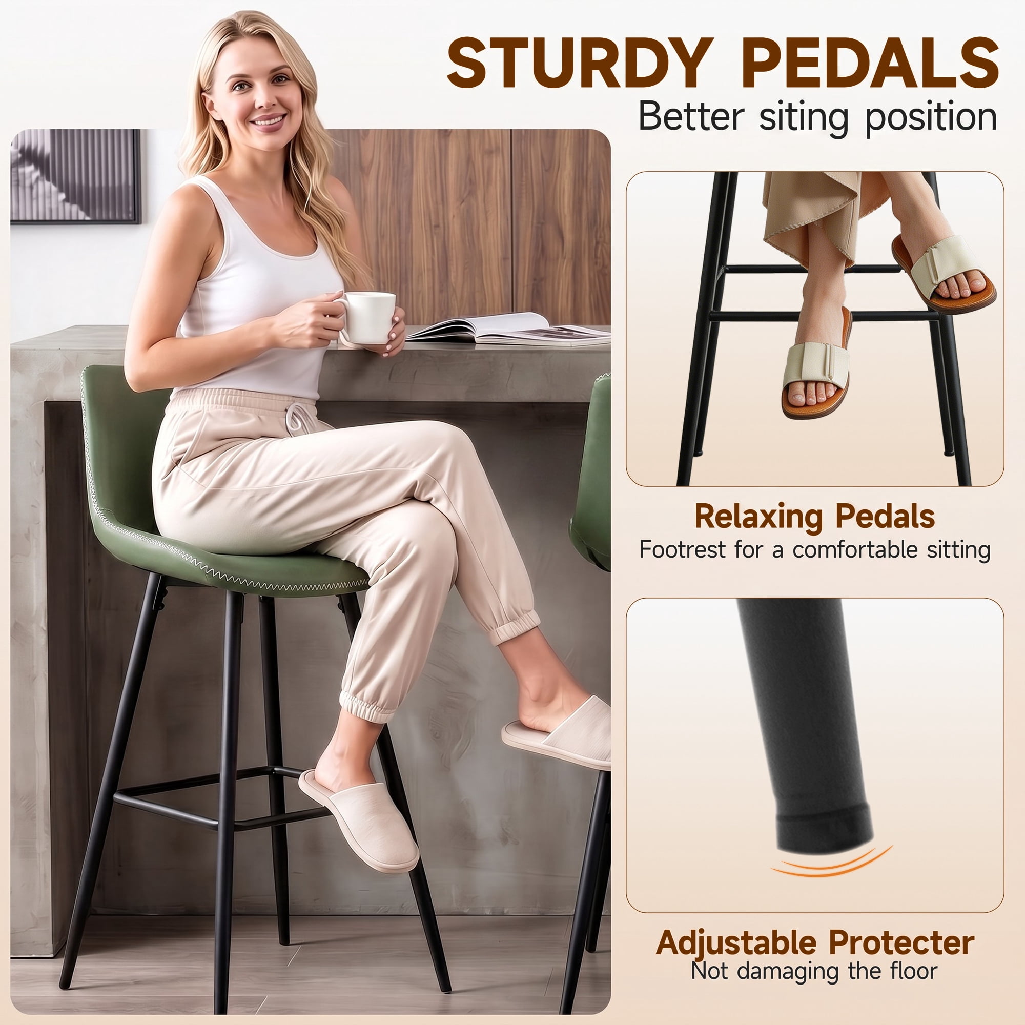 COOLHUT 24 Inch Bar Stools Set of 2, Counter Height Bar Chair with Footrest, Upholstered Faux Leather Bar Chair, Counter Stools with Sturdy Metal Legs, Green
