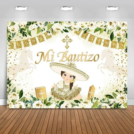 Image of Mi Bautizo Backdrop Girl Baptism Gold Dots Baby Shower Background White Floral First Holy Communion Christening Party Decorations Banner Photo Studio Props (7x5ft)