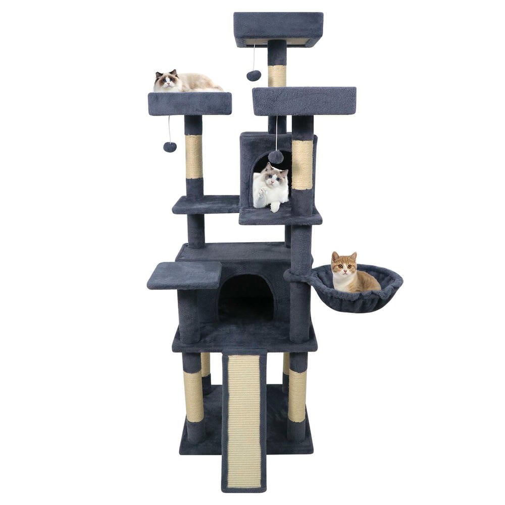 Resenkose 65-Inch Tall Multi-Level Cat Tree with 3 Upholstered Perches and 2 Spacious Cat Condos, Dark Gray