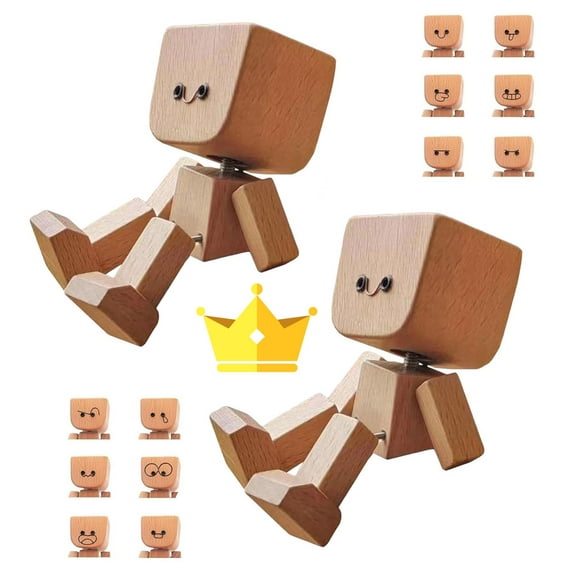 2025 New Shaking Wooden Man Figurine, Handmade Shaking Feet Wooden Car Dashboard Decorations with 12 PCS Magnetic Expressions, Creative Wood Desktop Decor (12pcs)