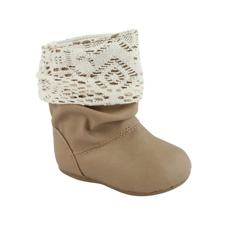 Baby Deer Light Brown Girls Slouch Boot with Crochet Cuff and Walking Sole (Infant Toddler Baby Boots) - Taupe - Size