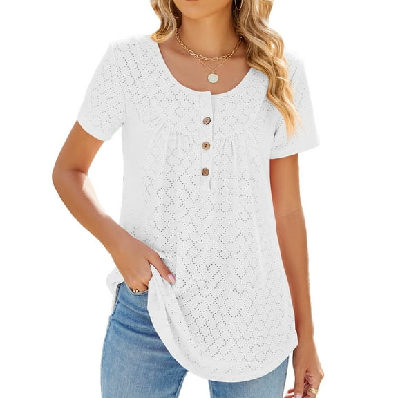 Summer Circle Smocked Button Short Sleeve Tuxedo Women's T-Shirt Top