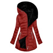 LMKIHUSA Fleece Lined Winter Jacket Women Long Puffer Padded Hooded Coats Zip Up Thicken Parkas Casual Winter Quilted Outerwear Wine,XL