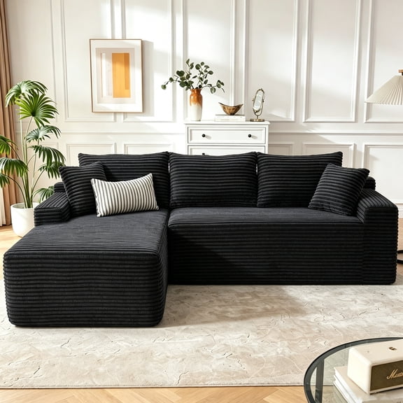 Aukfa 96" Cloud Sectional Sofa Deep Seat Boneless Couch Modular L-Shaped Couch, Left Chaise Corduroy Sofa for Living Room, Black