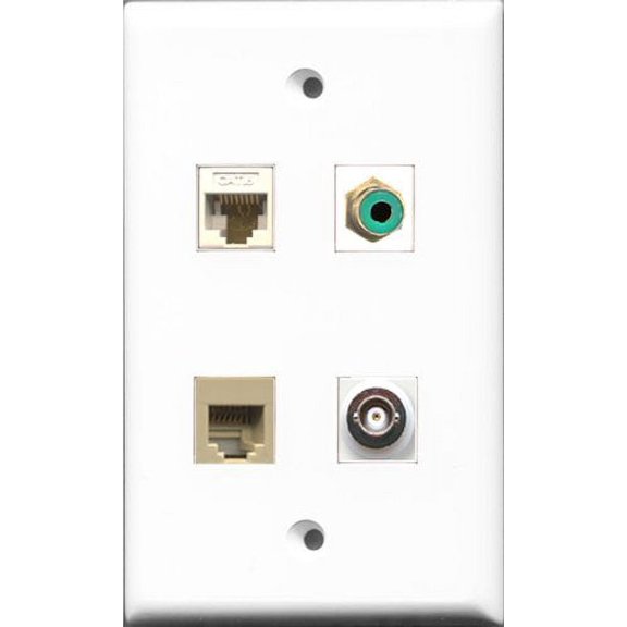 RiteAV 1 Port RCA Green and 1 Port Phone RJ11 RJ12 Beige and 1 Port BNC and 1 Port Cat6 Ethernet White Wall Plate