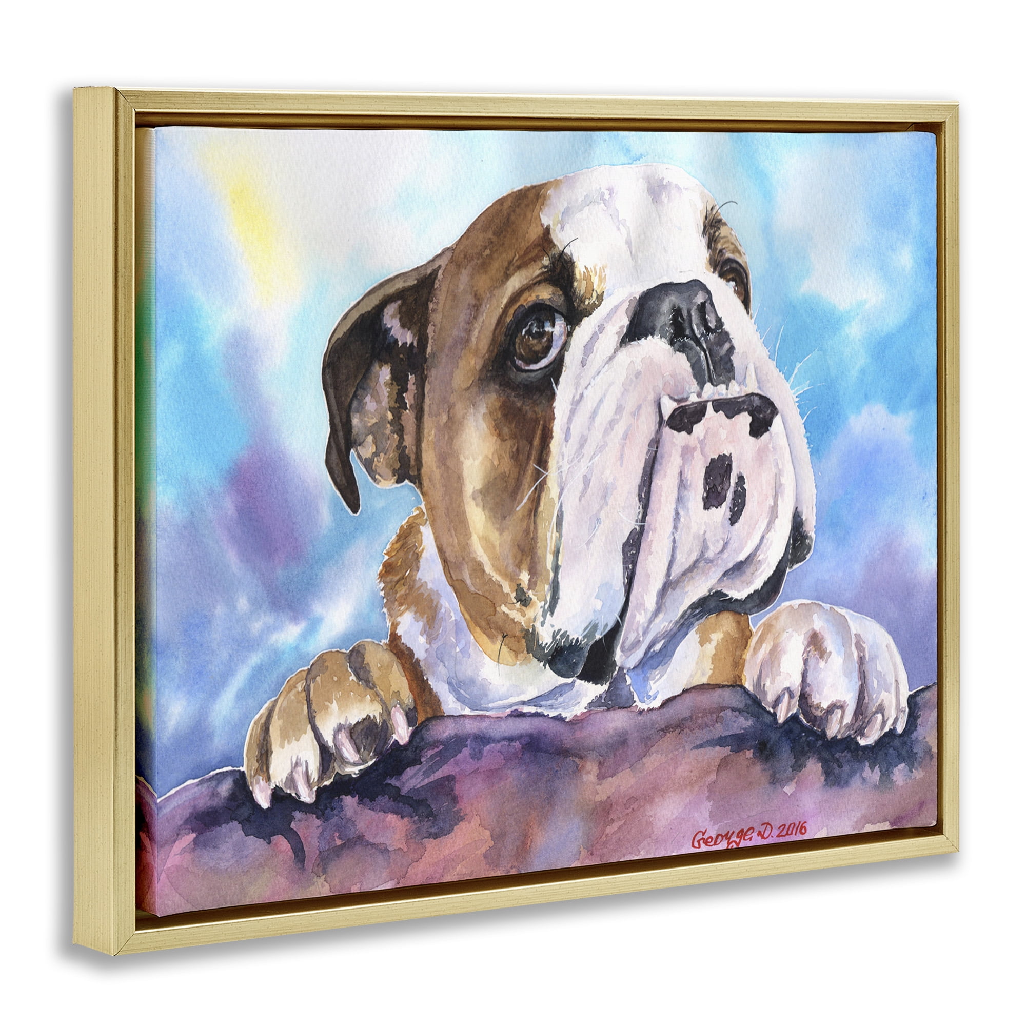 Stupell Industries English Bulldog Dog Pet Watercolor Animals & Insects Painting Gold Floater Framed Canvas Art Print Wall Art, 31 x 25