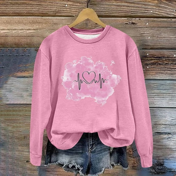 WILLBEST Hoodies Womens Suitable Valentines Day Print O Neck Sweatshirt Round Neck Fit Pullover Tops Casual Long Sleeve Workout Shirts Loose Blouse Palestine Hoodie for Women