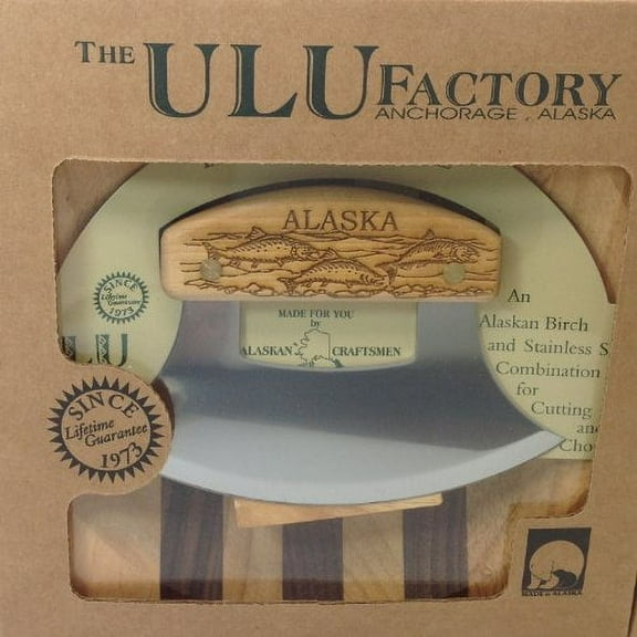 Ulu Factory Alaska Ulu Birch Walnut Stripe Wood Chopping Bowl-board School of Salmon Fish Handle